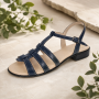 Sandale dama bleumarin din piele naturala cu cusaturi albe S2BL